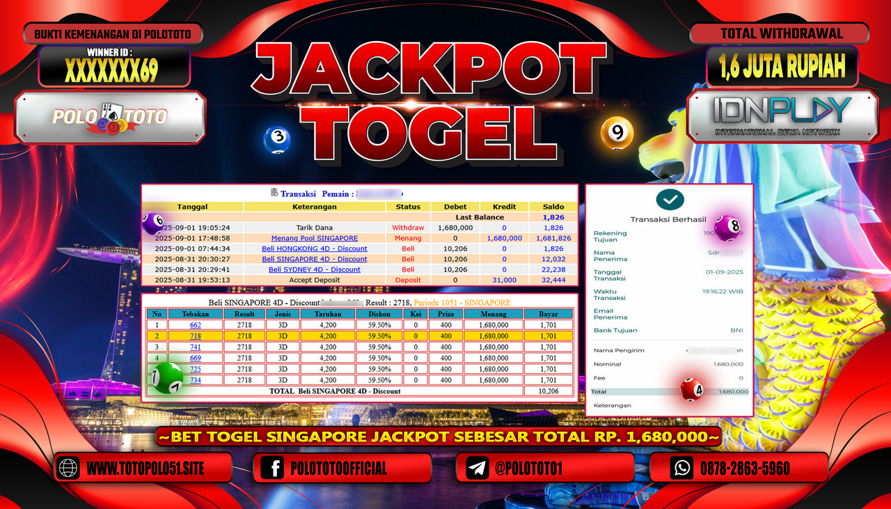 POLOTOTO JACKPOT TOGEL POOL SINGAPORE Rp.1.600.000,- LUNAS