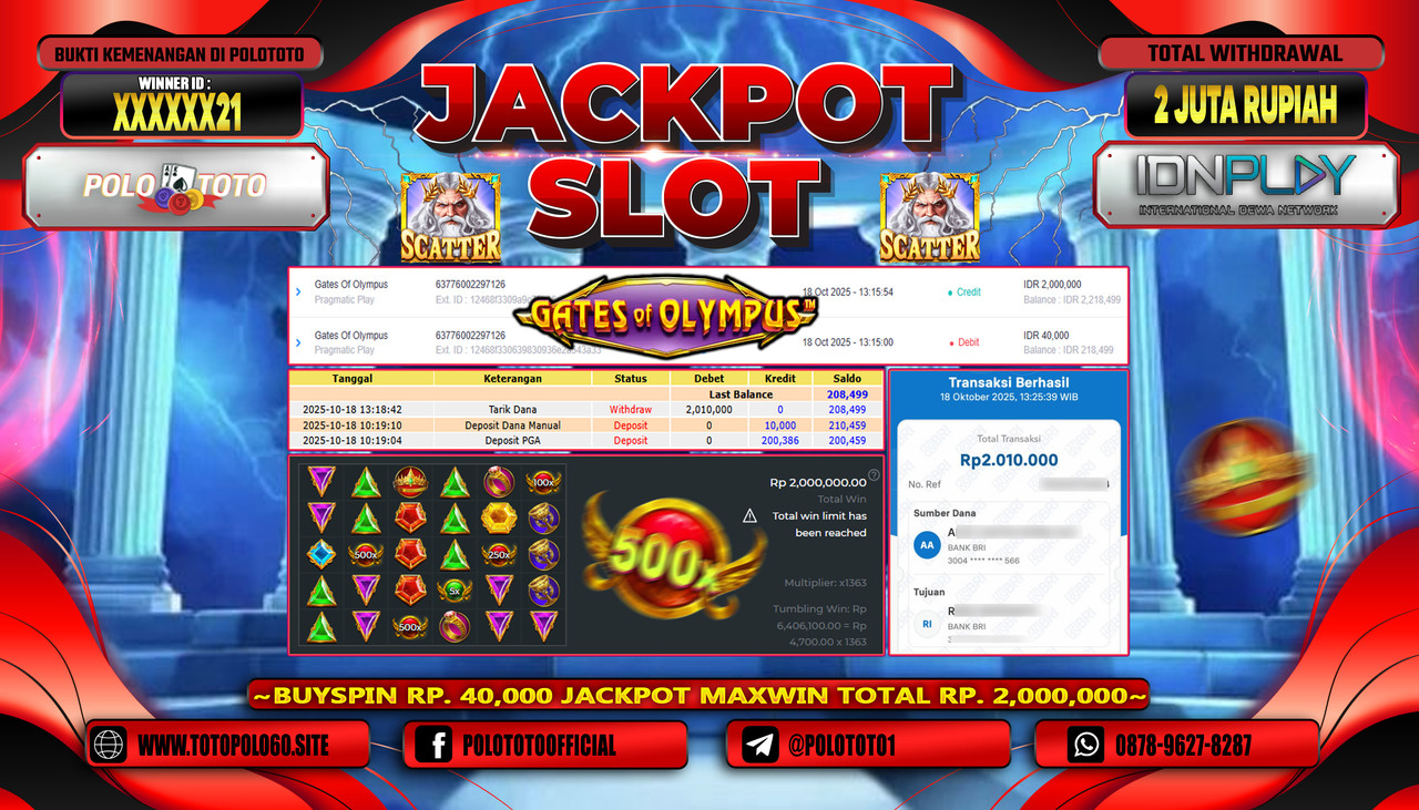 POLOTOTO JACKPOT SLOT GATES OF OLYMPUS Rp.2.000.000,- LUNAS