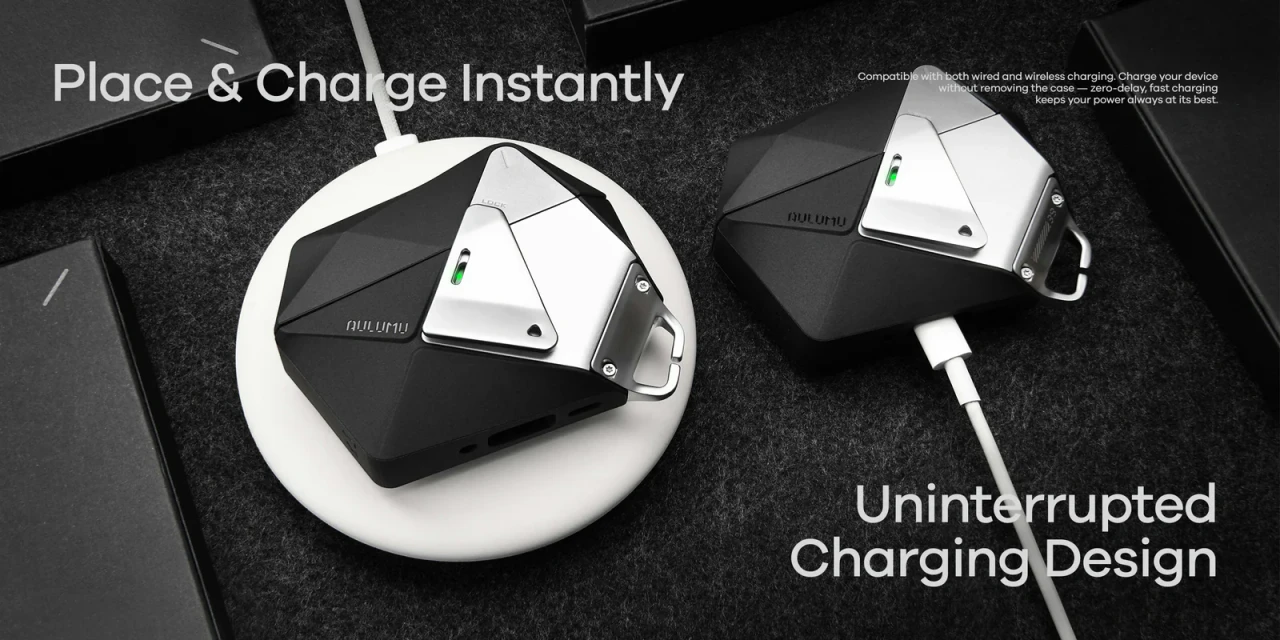 Husa pentru AirPods Pro 3, Aulumu A39 Geometric, TPU rezistent si Aliaj de zinc, finisaj mat premium, Snur detasabil, Protectie Antisoc, Compatibila incarcare wireless, Negru A39 09