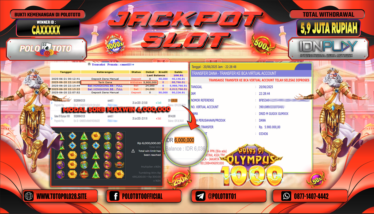 POLOTOTO JACKPOT SLOT GATES OF OLYMPUS 1000 Rp.5.900.000,-
