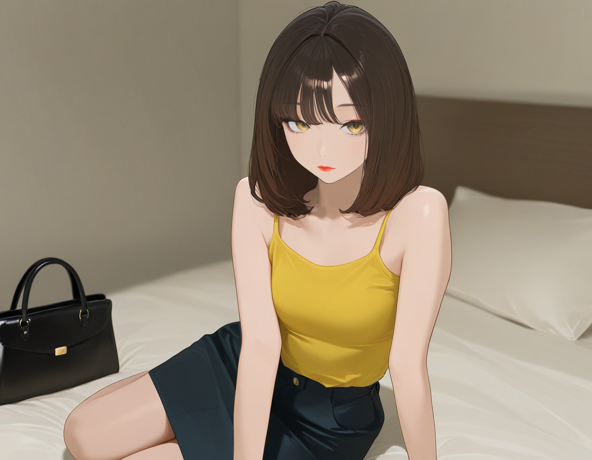 Yukiko sitting on a bed with her legs folded to one side