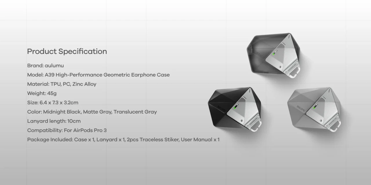 Husa pentru AirPods Pro 3, Aulumu A39 Geometric, TPU rezistent si Aliaj de zinc, finisaj mat premium, Snur detasabil, Protectie Antisoc, Compatibila incarcare wireless, Negru A39 1021 1