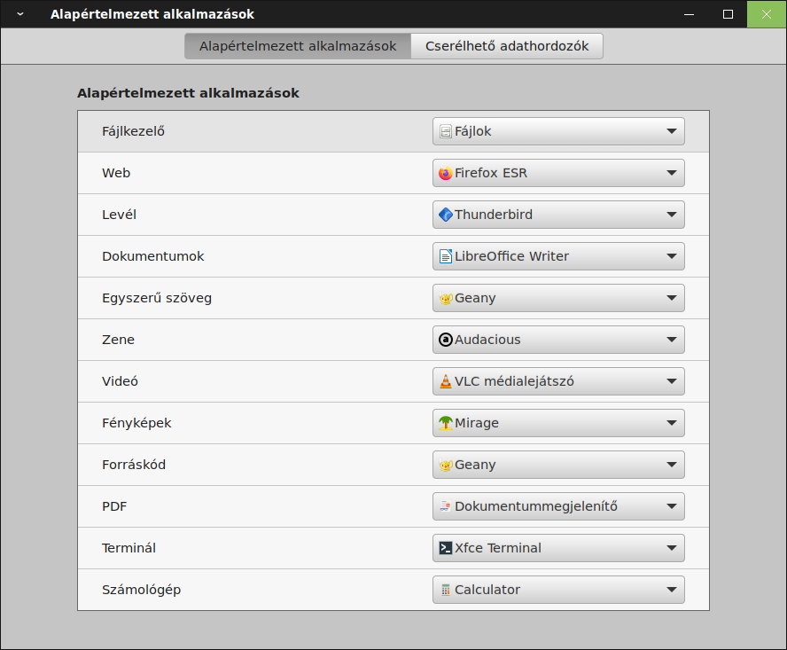 Alapértelmezett alkalmazások (Cinnamon, Firefox, Nemo, Audacious, Xfce4 termiál)