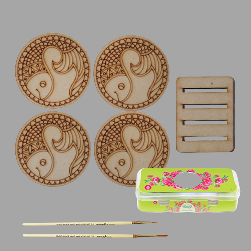 Madhubani painting on Engraved Round MDF Tea Coasters Hobbyist level DIY Kit 