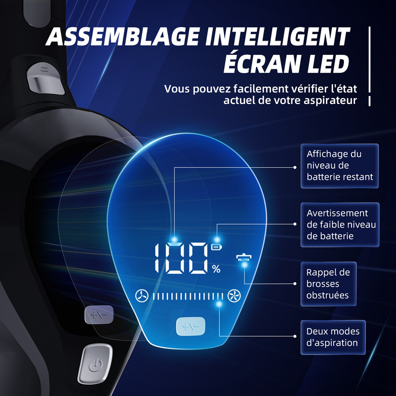 Aspirateur balai rechargeable sans fil 530w - 35 kpa - auto 60 min - 180°  rotatif - écran tactile - LED - Conforama