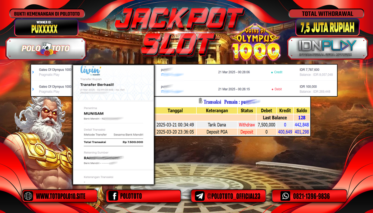 POLOTOTO JACKPOT SLOT GATES OF OLYMPUS 1000 Rp.7.500.000,-