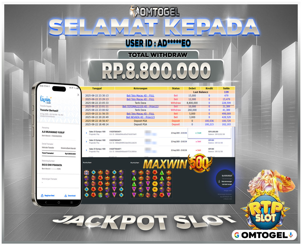 OMTOGEL JACKPOT PRAGMATIC PLAY GATES OF OLYMPUS 1000 8 JUTA DI BAYAR LUNAS ,-