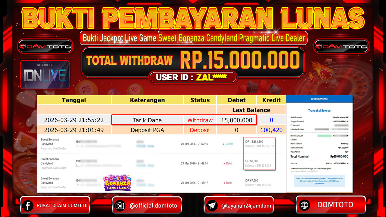 JACKPOT LIVEGAMES Sweet Bonanza Candyland Pragmatic Live Dealer 29 MARET 2026