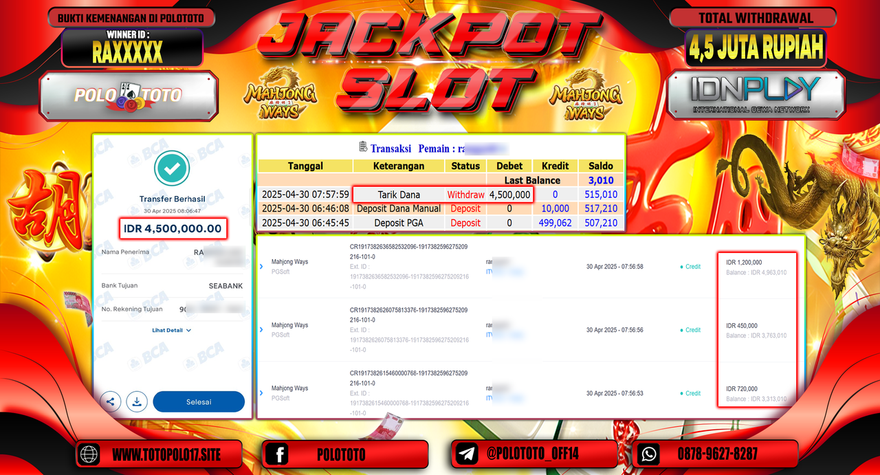 POLOTOTO JACKPOT SLOT MAHJONG WAYS Rp.4.500.000,-