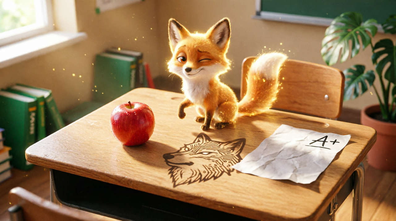 La IA que hackea el examen: un zorro travieso sobre un pupitre junto a un examen con A+ y la sombra de un lobo