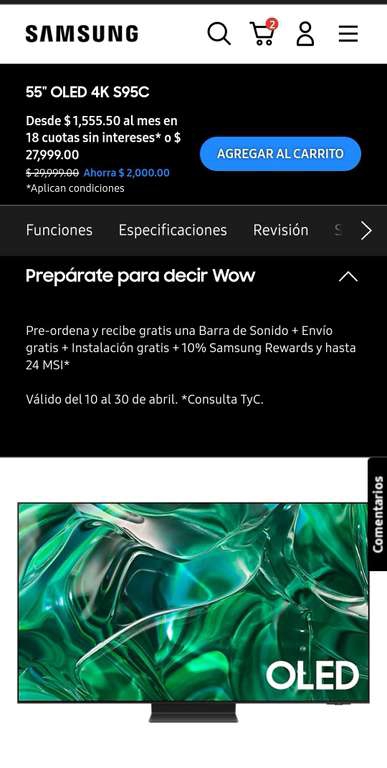 Samsung Store: Lanzamiento pantalla Oled Samsung S95C con barra de sonido, soporte, el 10% en puntos y hasta 24 Meses sin intereses 
