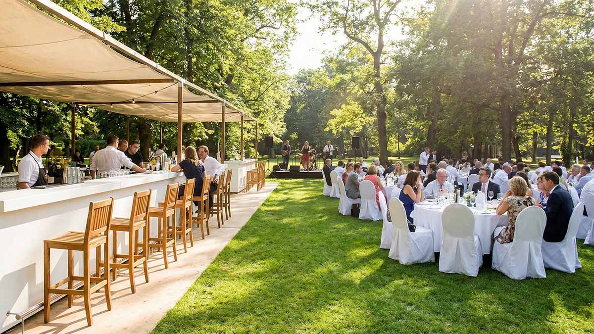 Зонирование мероприятия в парке: барная зона отделена от банкетной посадки