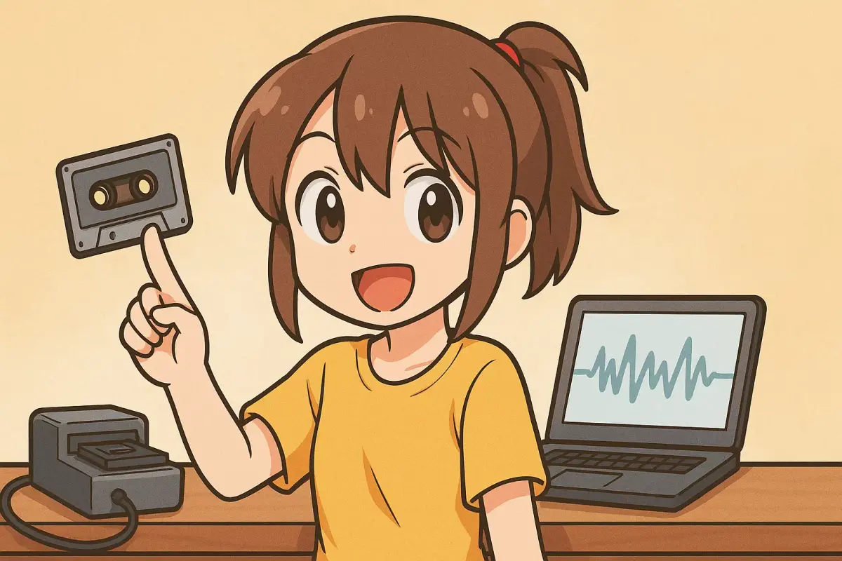 Gadis chibi ceria menunjukkan kaset dengan antusias di samping laptop dan alat pemutar kaset.