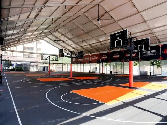 Multi-purpose basketball sports tent with column-free interior for tournaments and events