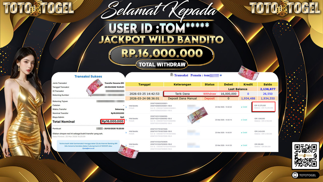 Bukti Pembayaran Jackpot Permainan Slot Wild Bandito ID:TOM*****LUNAS