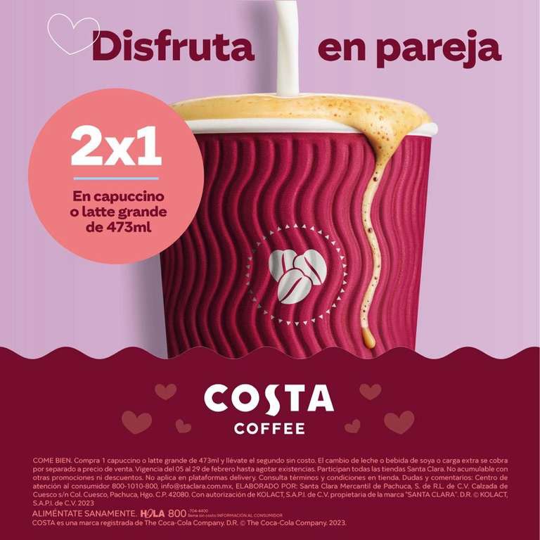 Santa Clara - Costa Coffee - 2 x 1 en Capuccino o Latte grande (473ml) | Directo en sucursal 
