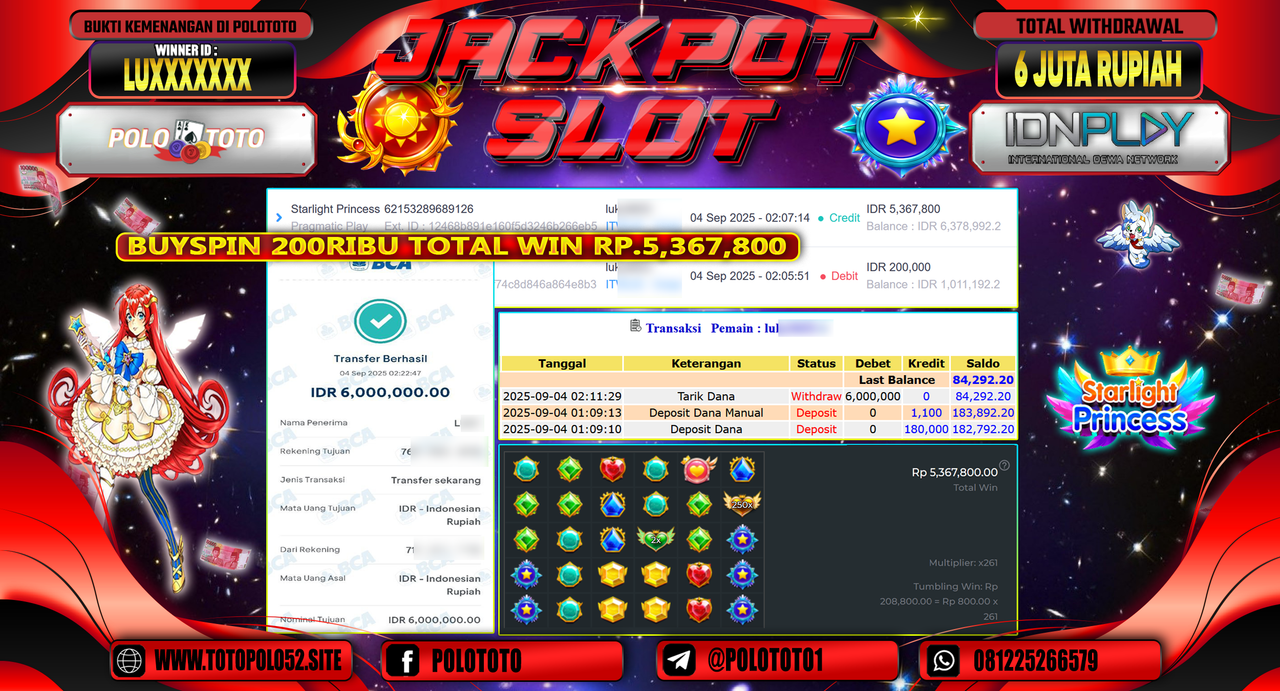 POLOTOTO JACKPOT SLOT STARLIGHT PRINCESS Rp.6.000.000,-