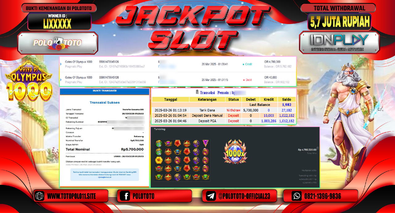 POLOTOTO JACKPOT SLOT GATES OF OLYMPUS 1000 Rp.5.700.000,-