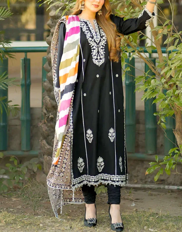 Black Dhanak Winter Party Dress – Emb Front & Sleeves, Digital Shawl