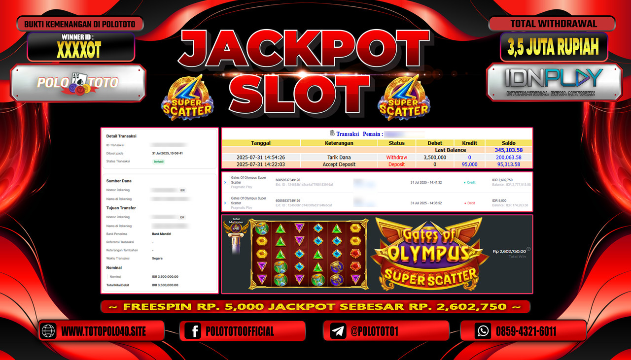 POLOTOTO JACKPOT SLOT GATES OF OLYMPUS SUPER SCATTER Rp.3.500.000,-LUNAS