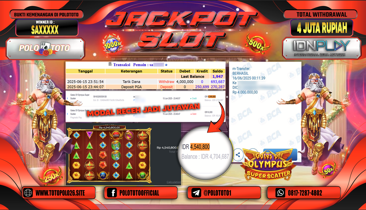 POLOTOTO JACKPOT SLOT GATES OF OLYMPUS SUPER SCATTER Rp.4.000.000,-