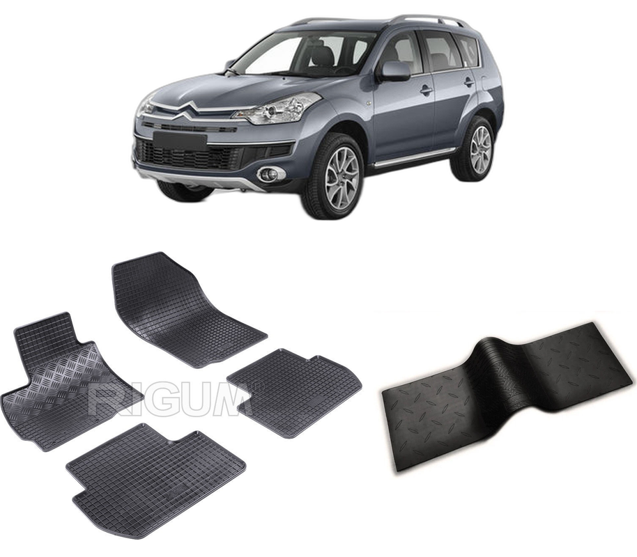 Set covorase auto CITROEN C-CROSSER din 03.2007-08.2012, cu covoras tunel median, CAROSERIE SUV, Presuri cauciuc 100%, compatibil cu autoturismul CITROEN C-CROSSER, Rigum