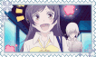 A stamp of Nanami from KamiSama Kiss with a sad tomoe in the background, she is saluting and smiling in the gif