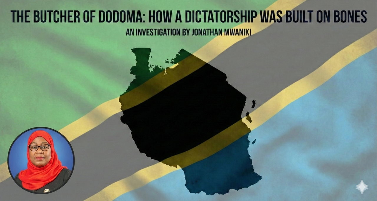 Map of Tanzania overlaid with text about dictatorship and abductions