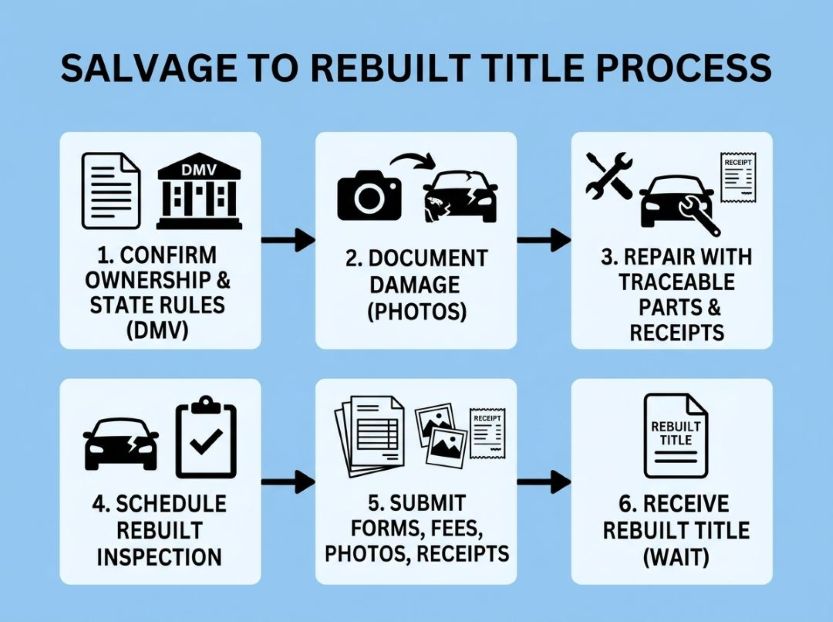 infographic showing the salvage-to-rebuilt title process