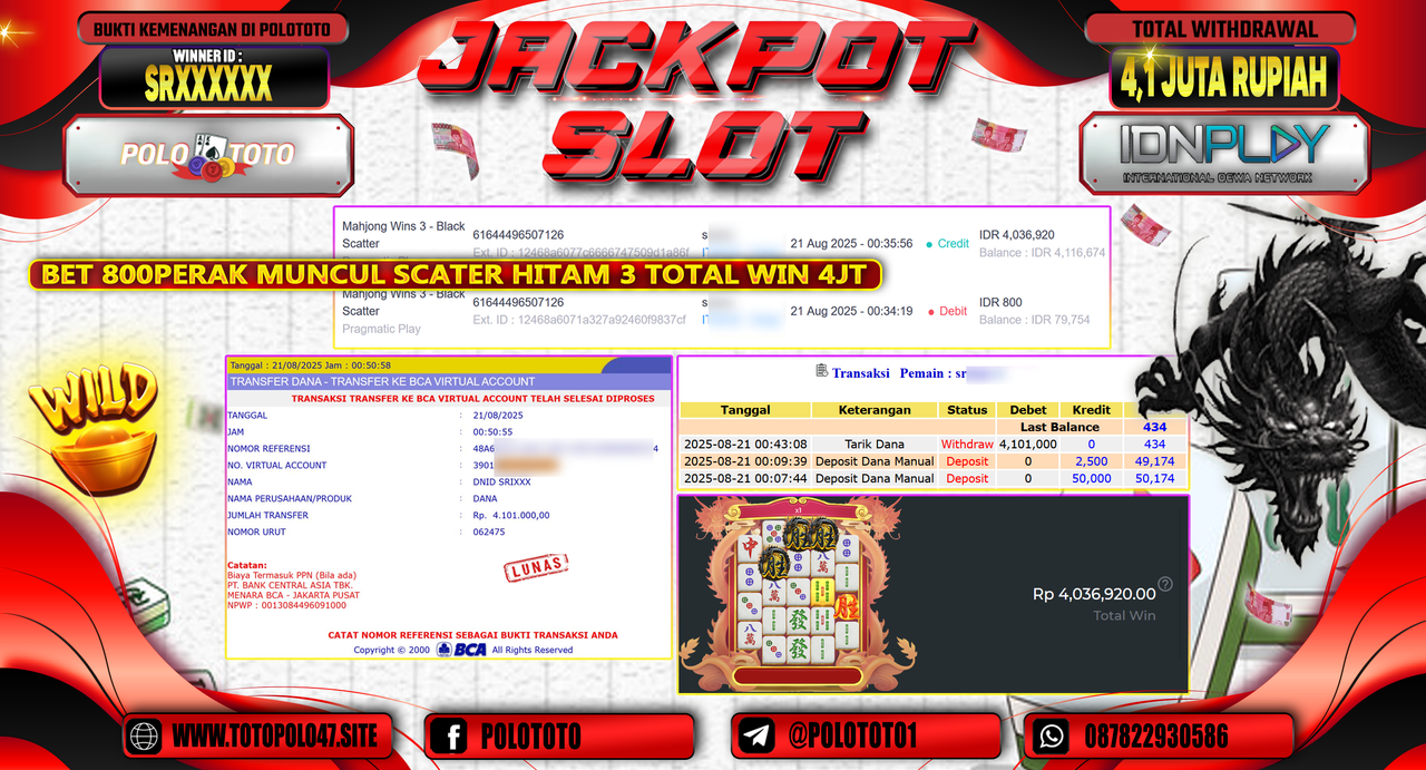 POLOTOTO JACKPOT SLOT MAHJONG WINS 3 - BLACK SCATTER Rp.4.101.000,-