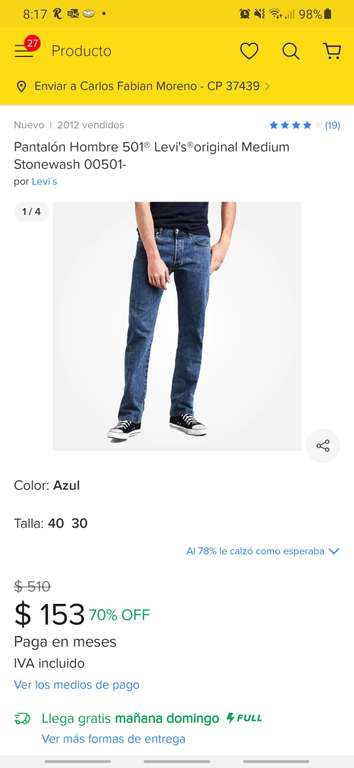 Mercado Libre: Pantalón Hombre 501 Levi'soriginal Medium Stonewash 00501 
