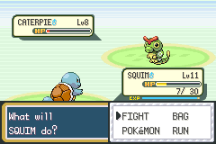screenshot of a pokemon battle. a squirtle is fighting a caterpie.