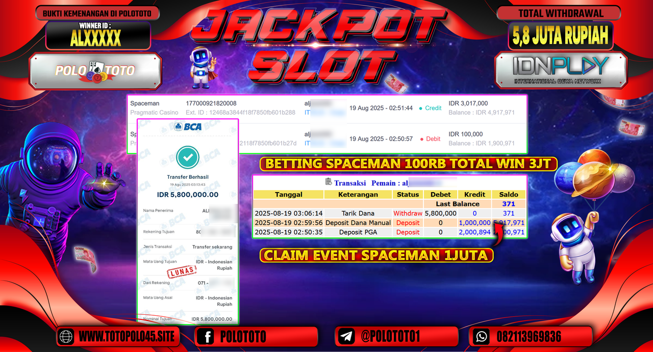 POLOTOTO JACKPOT SLOT SPACEMAN Rp.5.800.000,-