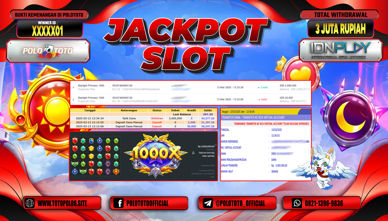 POLOTOTO JACKPOT SLOT STARLIGHT PINCESS 1000 Rp.3.000.000,-