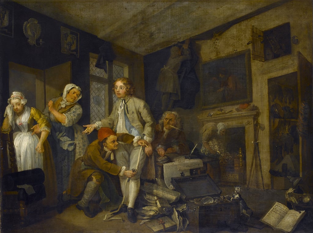 William-Hogarth-A-Rakes-Progress-I-The-Rake-Taking-Possession-of-his-Estate-1733-Meister-Drucke
