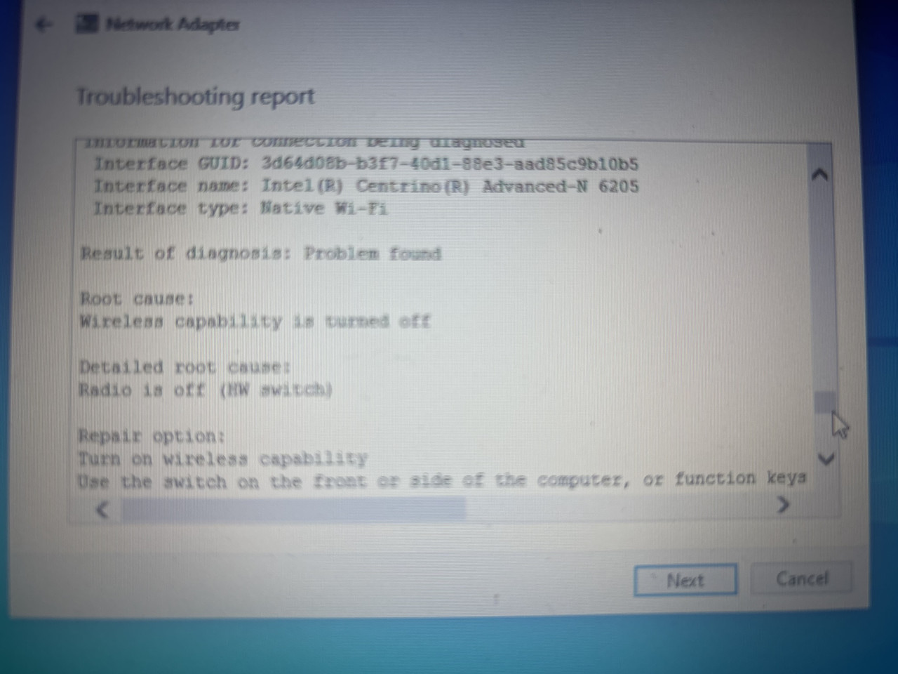 Windows Network Adapter troubleshooter — root cause identified: wireless capability turned off