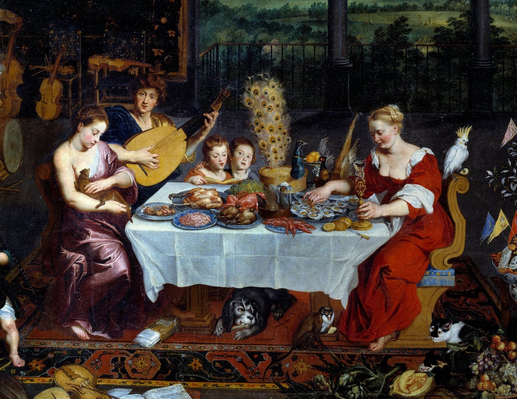 Jan-the-Elder-Brueghel-The-taste-Detail-representing-a-meal-of-seafood-poultry-in-the-presence-of
