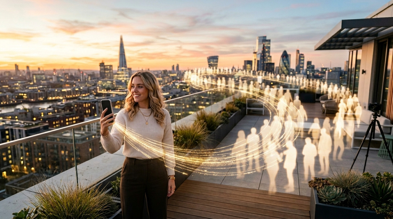 Rappresentazione metaforica dell'incremento di follower su Instagram: una creator su un tetto al tramonto circondata da sagome umane luminose in crescita.