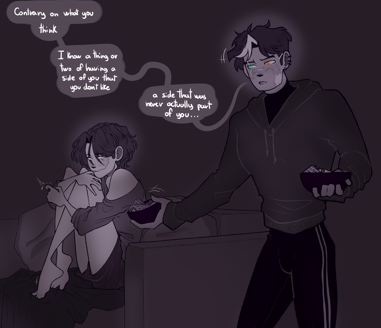 Jason offering a bowl of cazuela to Tim, who's curled up on himself, doubting with his scars as JJ clear at sight