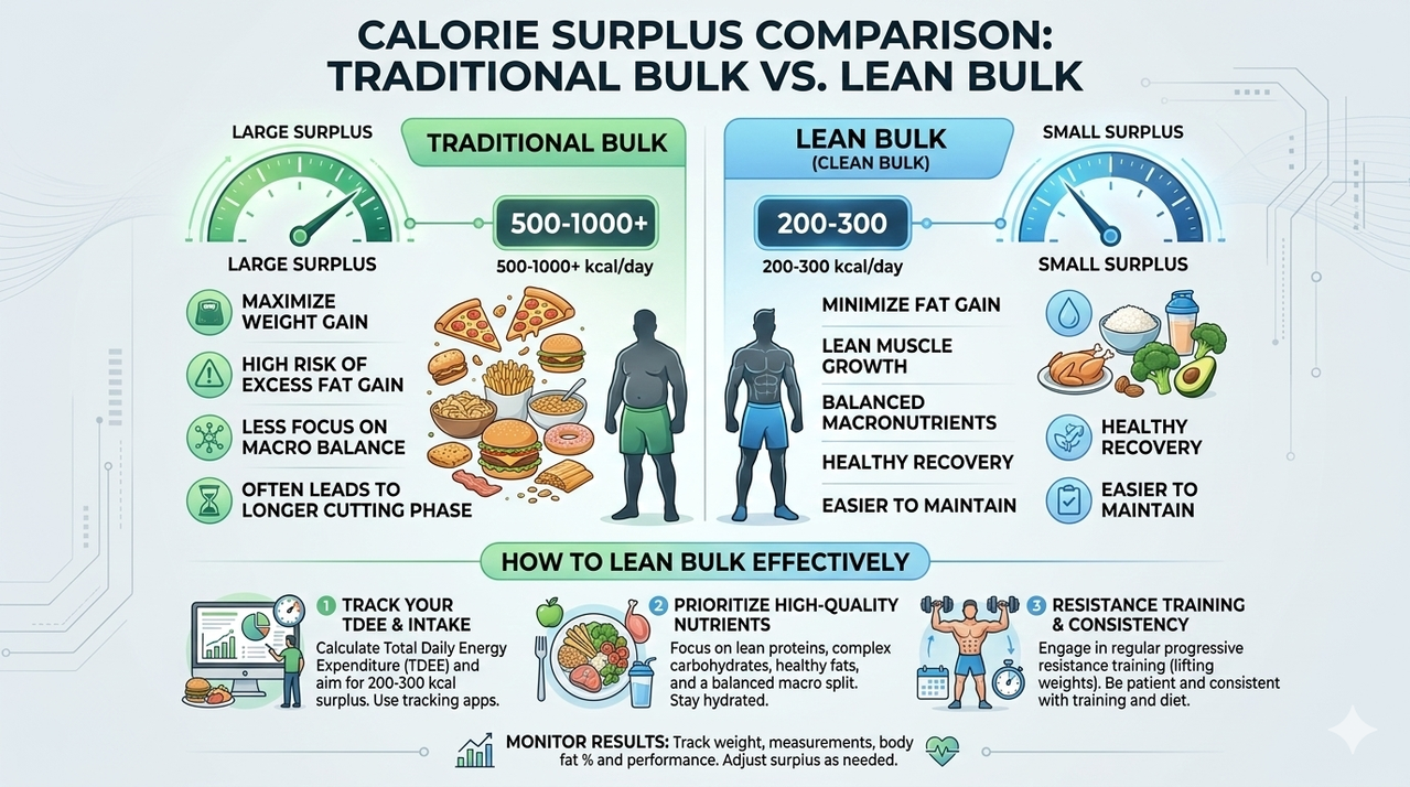 Comparison chart showing traditional bulk vs lean bulk calorie surplus levels for how to lean bulk effectively