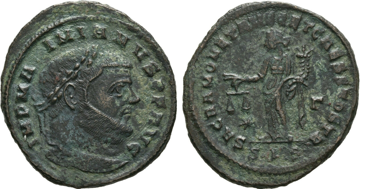 Nummus de Maximiano Hércules. SACRA MONET AVGG ET CAESS NOSTR. Moneda a izq. Siscia Maximiano-siscia