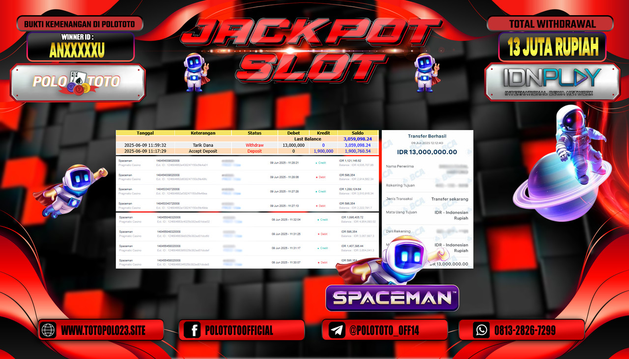 POLOTOTO JACKPOT SLOT SPACEMAN Rp.13.000.000,- LUNAS