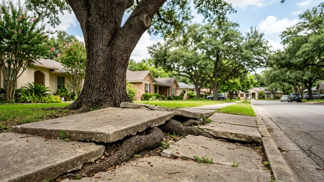 Tree root lifting and cracking a concrete sidewalk panel in San Antonio neighborhood