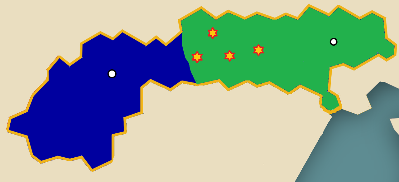 Carte de l'Elsvenwald (en bleu) et de la Velvetie (en vert) en 1015 les étoiles représentent les batailles majeures.
