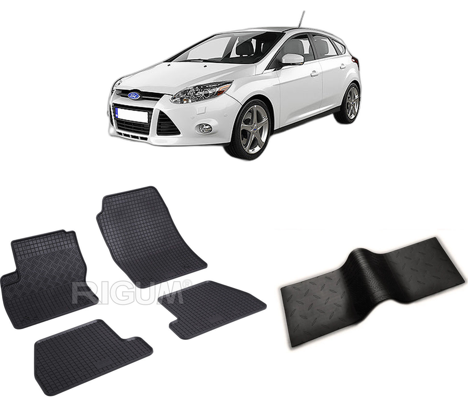 Set covorase auto FORD FOCUS III din 03.2011-08.2018, cu covoras tunel median, CAROSERIE HATCHBACK, Presuri cauciuc 100%, compatibil cu autoturismul FORD FOCUS III, Rigum