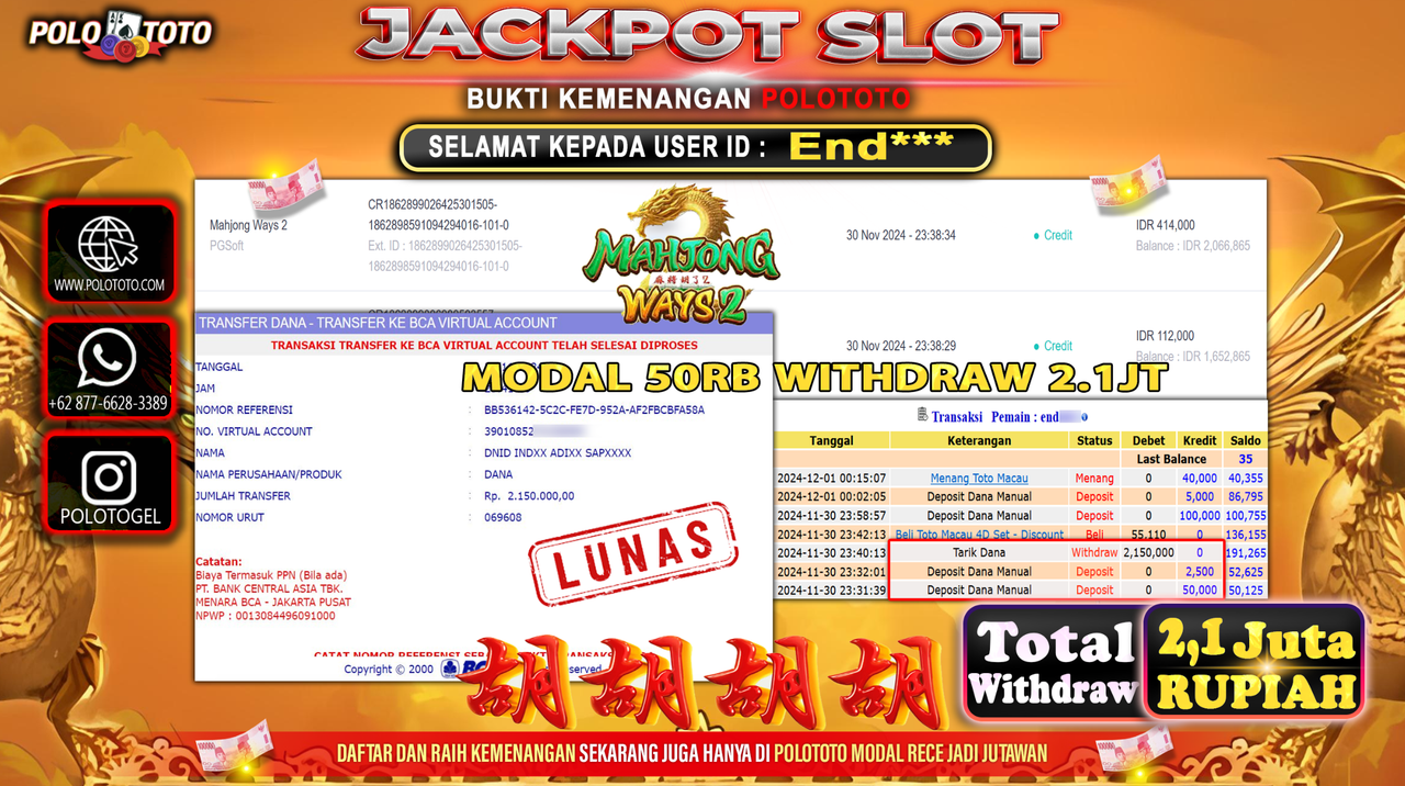 POLOTOTO JACKPOT SLOT MAHJONG WAYS 2 Rp.2,150.000,-