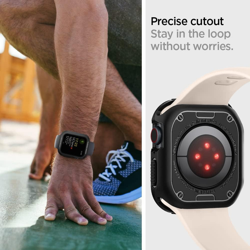 Detalle del forro Spigen mostrando el borde elevado que protege la pantalla del Apple Watch.