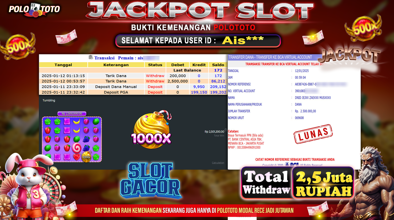 POLOTOTO JACKPOT SLOT SWEET BONANZA 1000 Rp.2,500.000,-