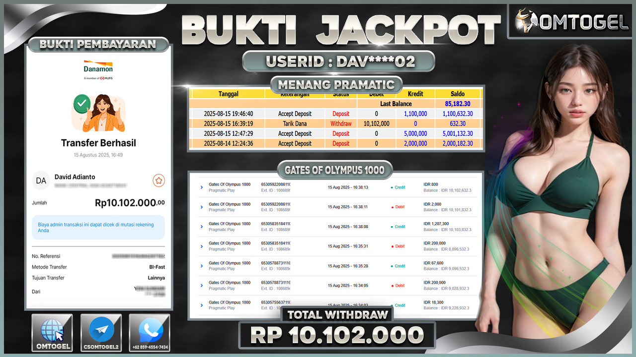 OMTOGEL JACKPOT PRAGMATIC PLAY GATES OF OLYMPUS 1000 10 JUTA DI BAYAR LUNAS ,-