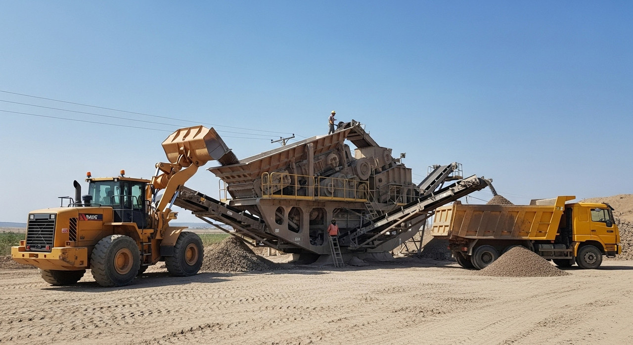 Фронтальный погрузчик у дробилки на промышленной площадке, взаимодействие спецтехники для стройплощадки с промышленным оборудованием